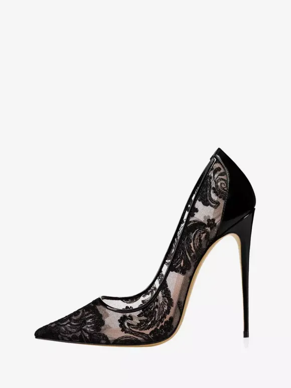 Women's Lace Bridal Pumps Stiletto Heel Pointy Toe Black Heels