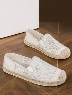 Women's Lace Espadrilles White Round Toe Slip On Loafers