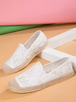 Women's Lace Espadrilles White Round Toe Slip On Loafers