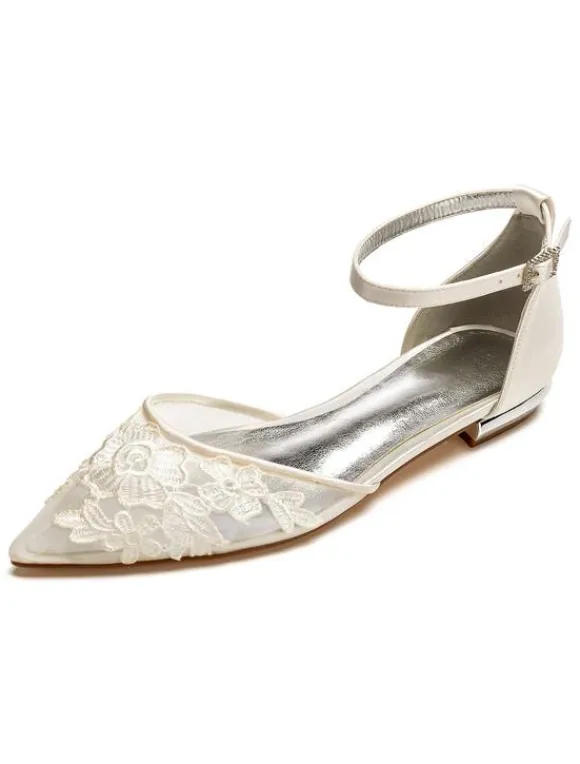 Women's Lace Flower Ankle Strap Wedding Flats