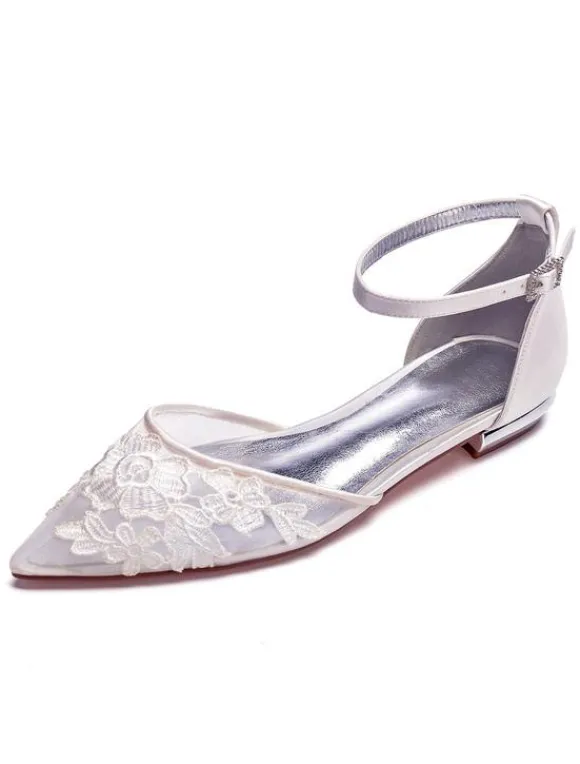 Women's Lace Flower Ankle Strap Wedding Flats