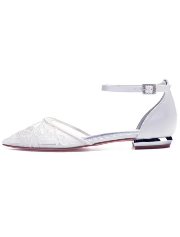 Women's Lace Flower Ankle Strap Wedding Flats