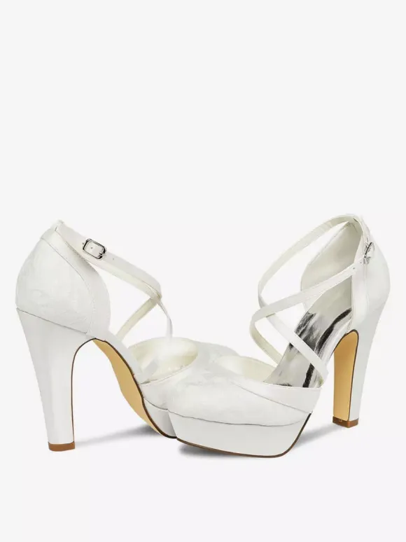 Women's Lace Platform Chunky Heel Bridal Pumps Criss Cross Vintage Wedding Shoes