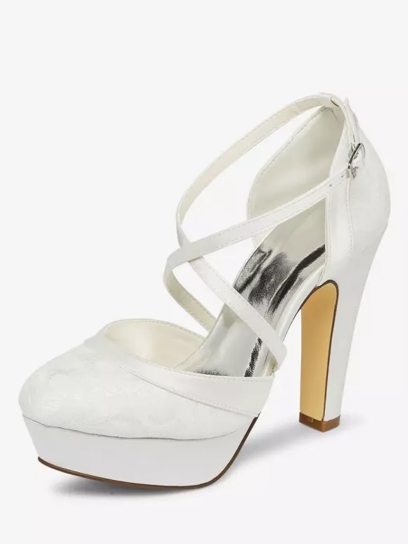 Women's Lace Platform Chunky Heel Bridal Pumps Criss Cross Vintage Wedding Shoes