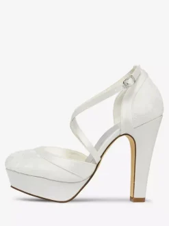 Women's Lace Platform Chunky Heel Bridal Pumps Criss Cross Vintage Wedding Shoes