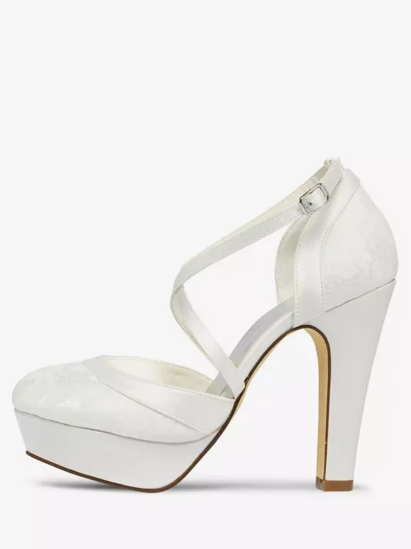 Women's Lace Platform Chunky Heel Bridal Pumps Criss Cross Vintage Wedding Shoes