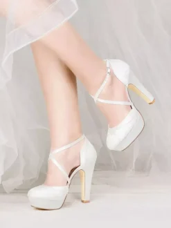 Women's Lace Platform Chunky Heel Bridal Pumps Criss Cross Vintage Wedding Shoes