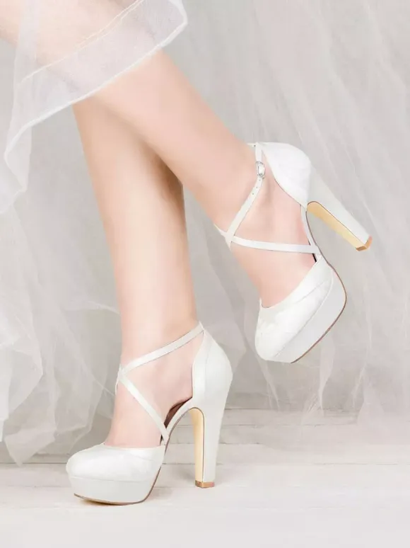 Women's Lace Platform Chunky Heel Bridal Pumps Criss Cross Vintage Wedding Shoes
