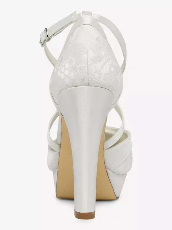 Women's Lace Platform Chunky Heel Bridal Pumps Criss Cross Vintage Wedding Shoes