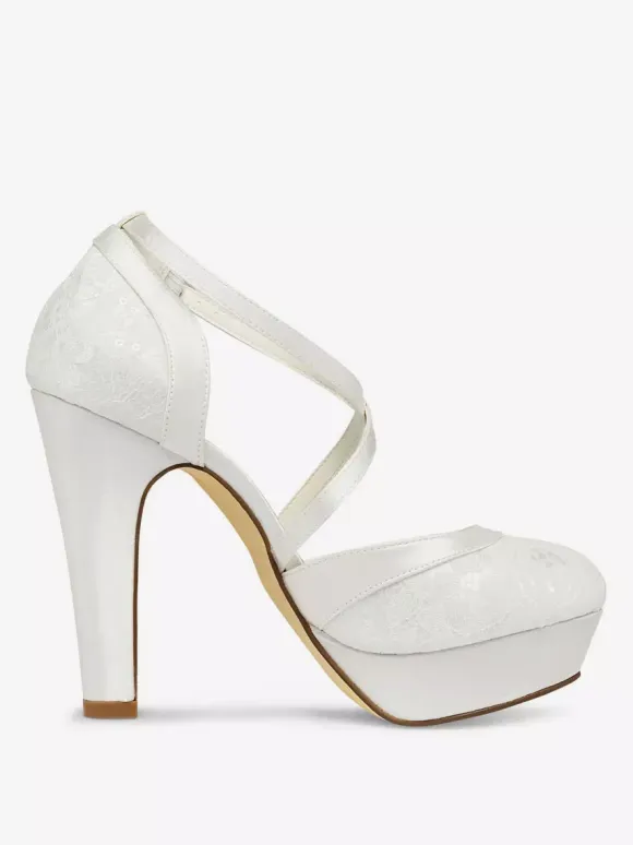 Women's Lace Platform Chunky Heel Bridal Pumps Criss Cross Vintage Wedding Shoes