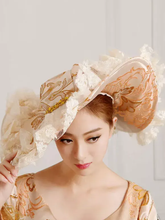 Women's Lace Trim Embroidery Wide Brim Victorian Hats For Party