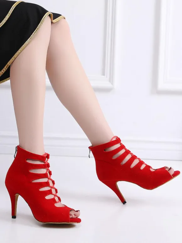 Women's Lace Up Summer Boots Heels in Fuax Suede
