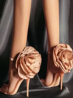 Women's Large Rose Ankle Strap Evening Heels Prom Sandals in Satin