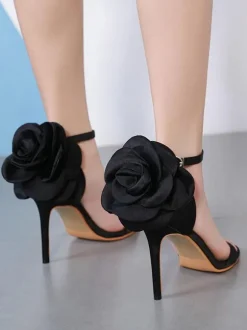 Women's Large Rose Ankle Strap Evening Heels Prom Sandals in Satin