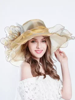 Women's Mesh Elegant Church Hat Silk Flower Sun Hat