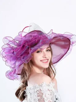 Women's Mesh Elegant Church Hat Silk Flower Sun Hat