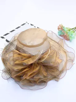 Women's Mesh Elegant Church Hat Silk Flower Sun Hat