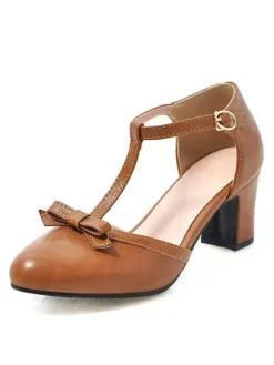 Women's Mid-Low Heels Retro Chunky Heel T-Type Bandage Stylish Heels Vintage Shoes