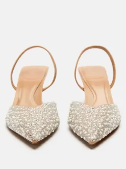 Women's Mid-Low Heels Rhinestones Pointed Toe Stiletto Heel Pumps Street Wear White