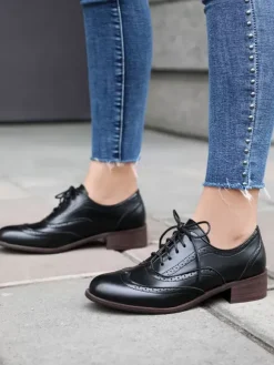Women's Oxfords Patchwork Round Toe Puppy Heel Lace Up Vintage Shoes