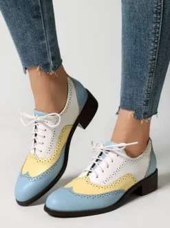 Women's Oxfords Patchwork Round Toe Puppy Heel Lace Up Vintage Shoes