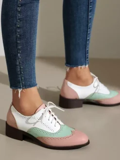 Women's Oxfords Patchwork Round Toe Puppy Heel Lace Up Vintage Shoes