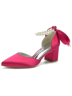 Womens Pearls Ankle Strap Bridal Pumps with Bow