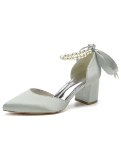 Womens Pearls Ankle Strap Bridal Pumps with Bow