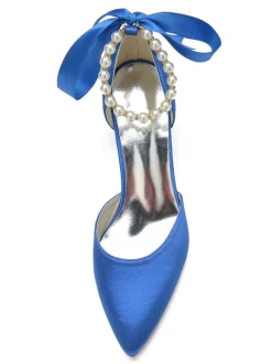 Womens Pearls Ankle Strap Bridal Pumps with Bow