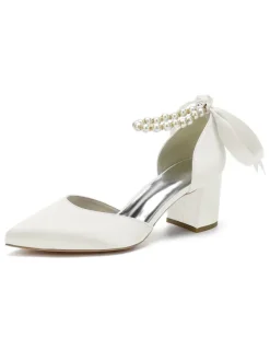 Womens Pearls Ankle Strap Bridal Pumps with Bow