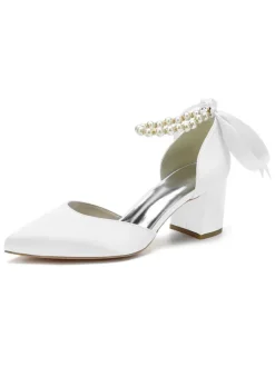 Womens Pearls Ankle Strap Bridal Pumps with Bow