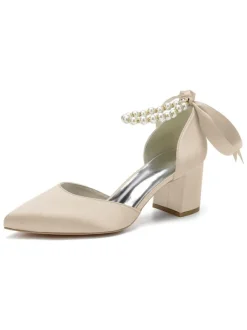 Womens Pearls Ankle Strap Bridal Pumps with Bow