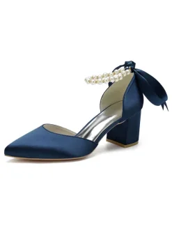 Womens Pearls Ankle Strap Bridal Pumps with Bow