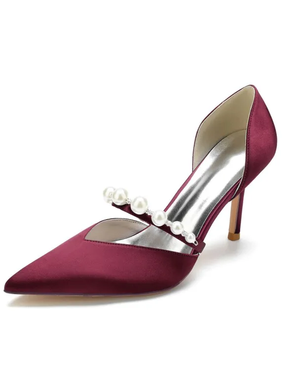 Women's Pearls Bridal Pumps Stiletto Heel in Satin