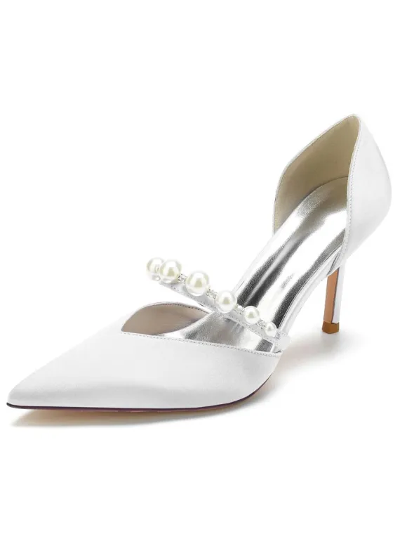 Women's Pearls Bridal Pumps Stiletto Heel in Satin