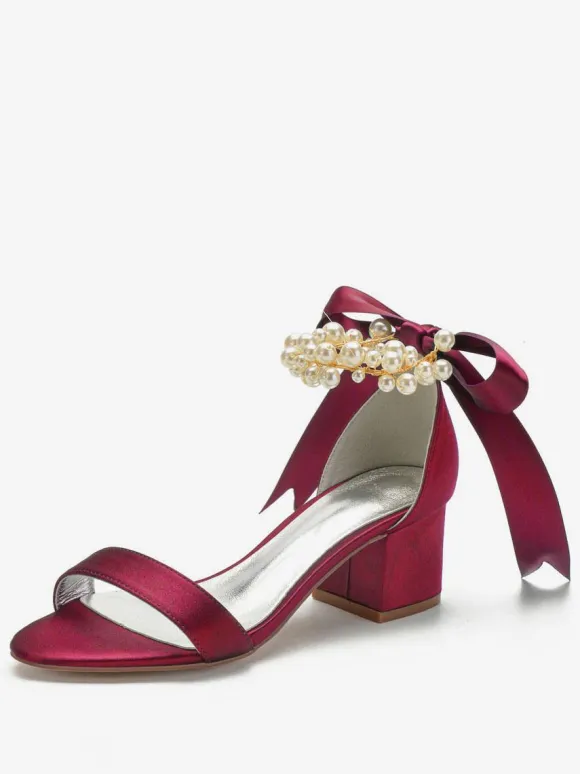 Women's Pearls Lace Up Block Heel Bridal Sandals