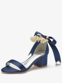 Women's Pearls Lace Up Block Heel Bridal Sandals