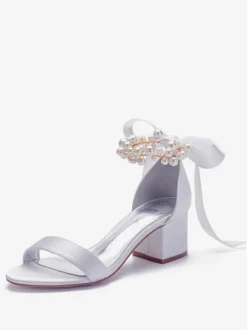 Women's Pearls Lace Up Block Heel Bridal Sandals