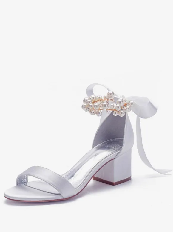 Women's Pearls Lace Up Block Heel Bridal Sandals