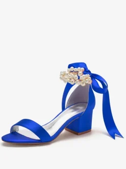 Women's Pearls Lace Up Block Heel Bridal Sandals