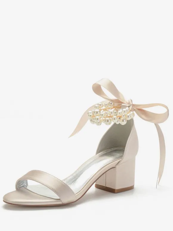 Women's Pearls Lace Up Block Heel Bridal Sandals