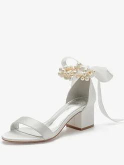 Women's Pearls Lace Up Block Heel Bridal Sandals