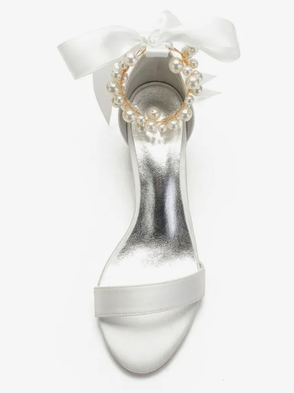 Women's Pearls Lace Up Block Heel Bridal Sandals