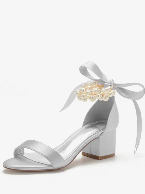 Women's Pearls Lace Up Block Heel Bridal Sandals