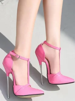 Womens Pink High Heels Magenta Pointed Toe Sexy Shoes Stiletto Heel PU Leather Sexy Ankle Strap Heels