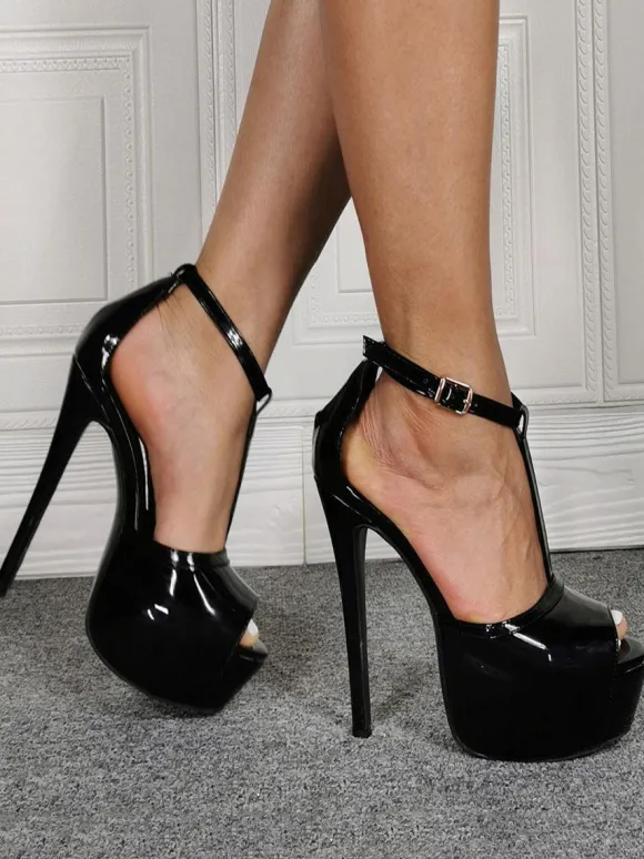 Women's Platform T Strap Sexy Heels in Patent Leather
