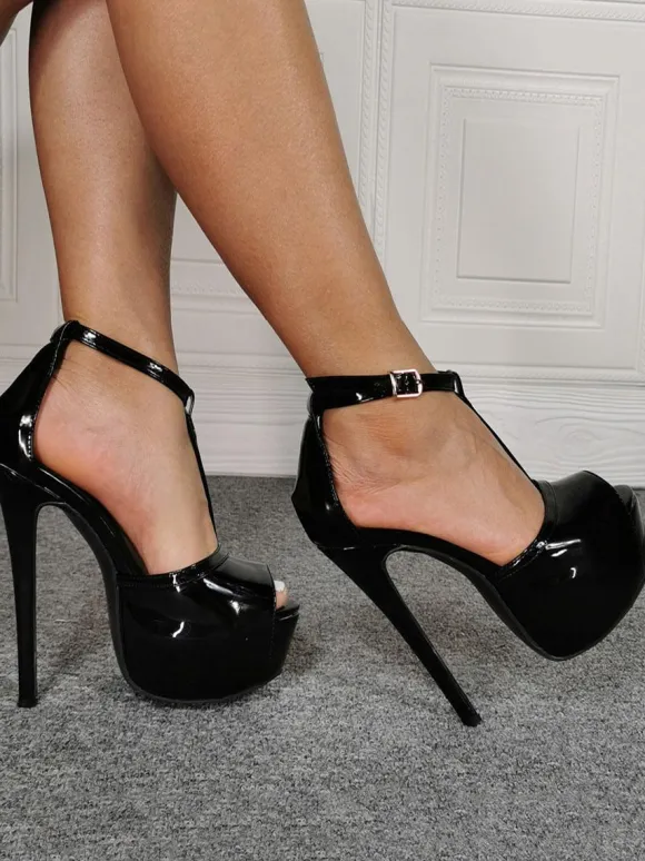 Women's Platform T Strap Sexy Heels in Patent Leather