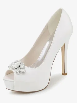 Women's Platform Wedding Shoes Peep Toe Stiletto Heel Pumps in Satin