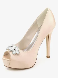 Women's Platform Wedding Shoes Peep Toe Stiletto Heel Pumps in Satin