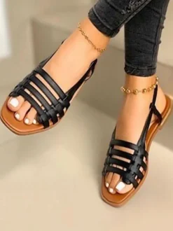 Women's PU Leather Open Toe Flat Sandals
